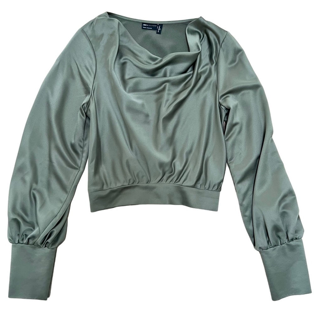 Asos Design Olive Green Satin Long Sleeve Draped Neck Blouse - Size 2